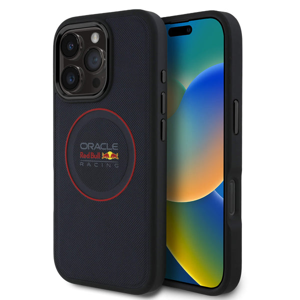 Red Bull iPhone 16 Pro - Leather Red Ring - MagSafe Σκληρή Θήκη με Επένδυση Συνθετικού Δέρματος και Πλαίσιο Σιλικόνης - Navy - RBHMP16L24PUILVR