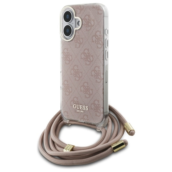 Guess iPhone 16 - Crossbody Cord 4G Print - Σκληρή Θήκη με Πλαίσιο Σιλικόνης και Λουράκι - Pink - GUHCP16SHC4SEP