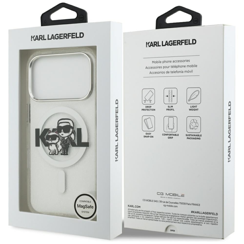 Karl Lagerfeld iPhone 17 Pro - IML Glitter Karl and Choupette Sketch Logo MagSafe - Σκληρή Θήκη με Πλαίσιο Σιλικόνης - Clear - KLHMP17LHGKCGKBT