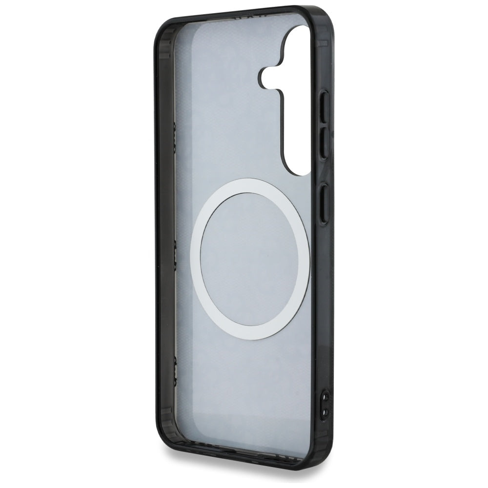 Guess Samsung Galaxy S25 - 4G Background Gold Electroplated Peony Pattern MagSafe - Σκληρή Θήκη με Πλαίσιο Σιλικόνης - Black - GUHMS25SH4PYEEK