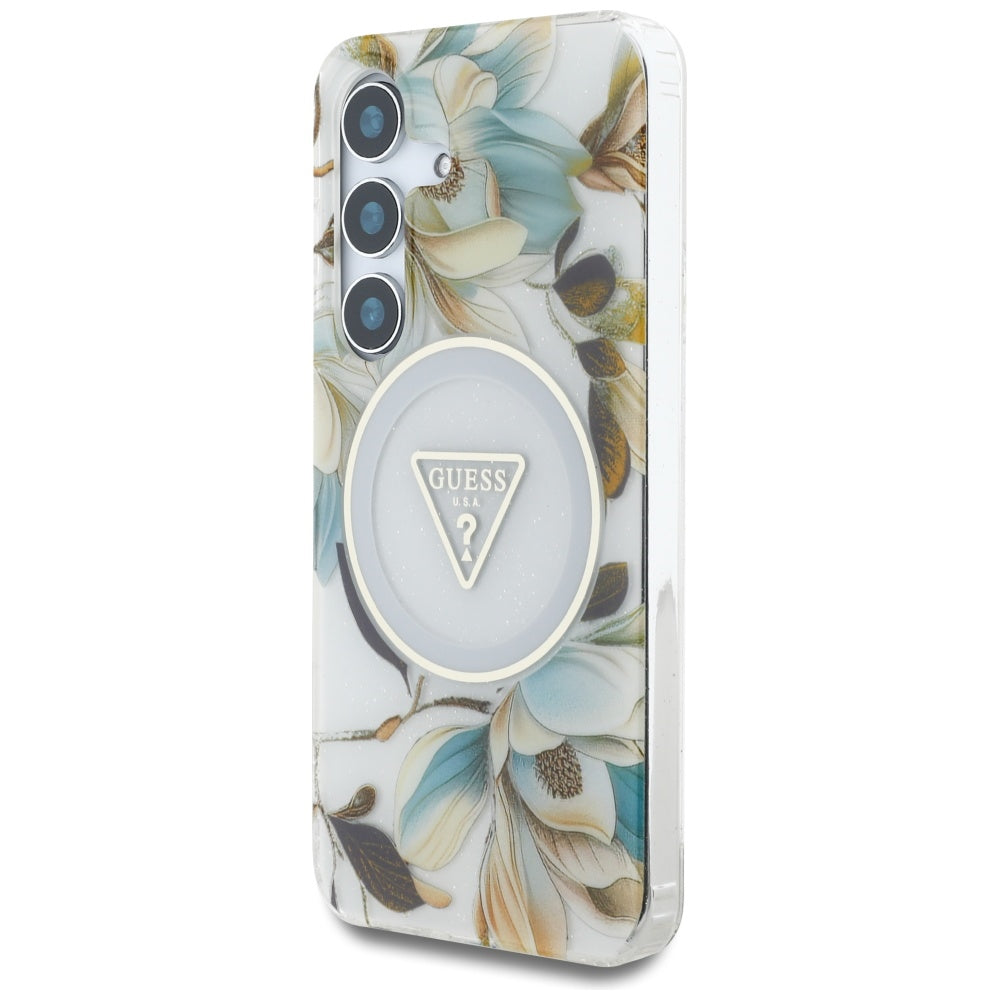 Guess Samsung Galaxy S25 - Glitter Flowers Triangle Buttons MagSafe - Σκληρή Θήκη με Πλαίσιο Σιλικόνης - White - GUHMS25SHFLPEDH