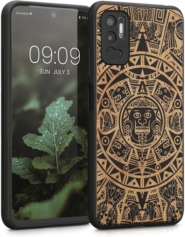 KW Xiaomi Redmi Note 10 5G Θήκη από Φυσικό Ξύλο - Design Mayan Calendar - Light Brown / Black - 56792.03