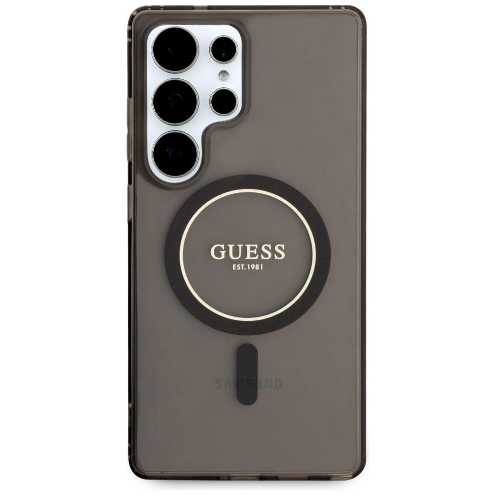 Guess Samsung Galaxy S25 Ultra - Glitter Circle Classic Logo - MagSafe Σκληρή Θήκη με Πλαίσιο Σιλικόνης - Black - GUHMS25LHFGEREK