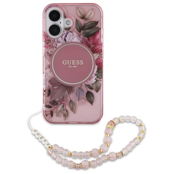 Guess iPhone 16 Plus - IML Flowers With Pearl Strap MagSafe - Σκληρή Θήκη με Πλαίσιο Σιλικόνης και Λουράκι - Pink - GUHMP16MHFWBRCESP