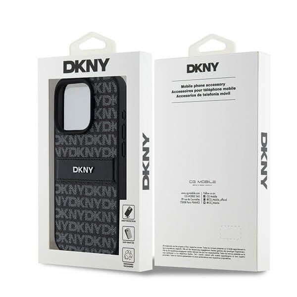 DKNY iPhone 15 Pro Max - Leather Mono Stripe and Metal Logo Σκληρή Θήκη με Επένδυση Συνθετικού Δέρματος - Black