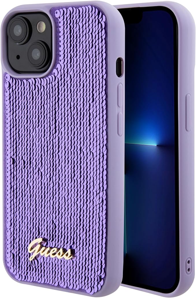 Guess iPhone 15 - Sequin Script Metal Σκληρή Θήκη με Επένδυση από Παγέτες - Purple - GUHCP15SPSFDGSU