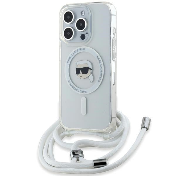 Karl Lagerfeld iPhone 15 Pro Max - Crossbody IML Karl Head - MagSafe Σκληρή Θήκη με Πλαίσιο Σιλικόνης και Λουράκι - Διάφανη - KLHMP15LHCKHNT