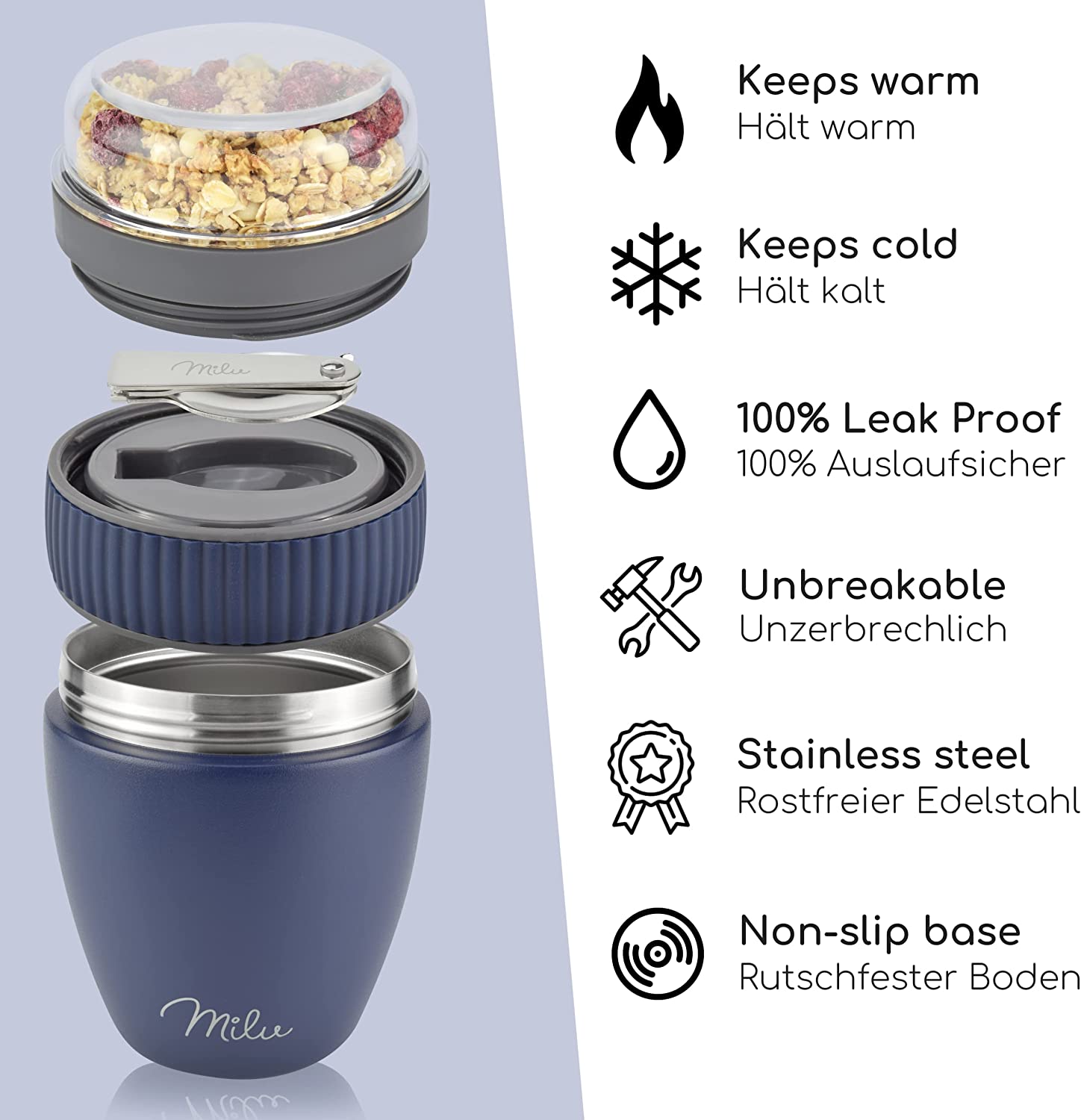 Milu SP Cereal Cup to Go Φορητό Δοχείο Φαγητού από Ανοξείδωτο Ατσάλι με Κουτάλι - 400ml - Blue - 2532