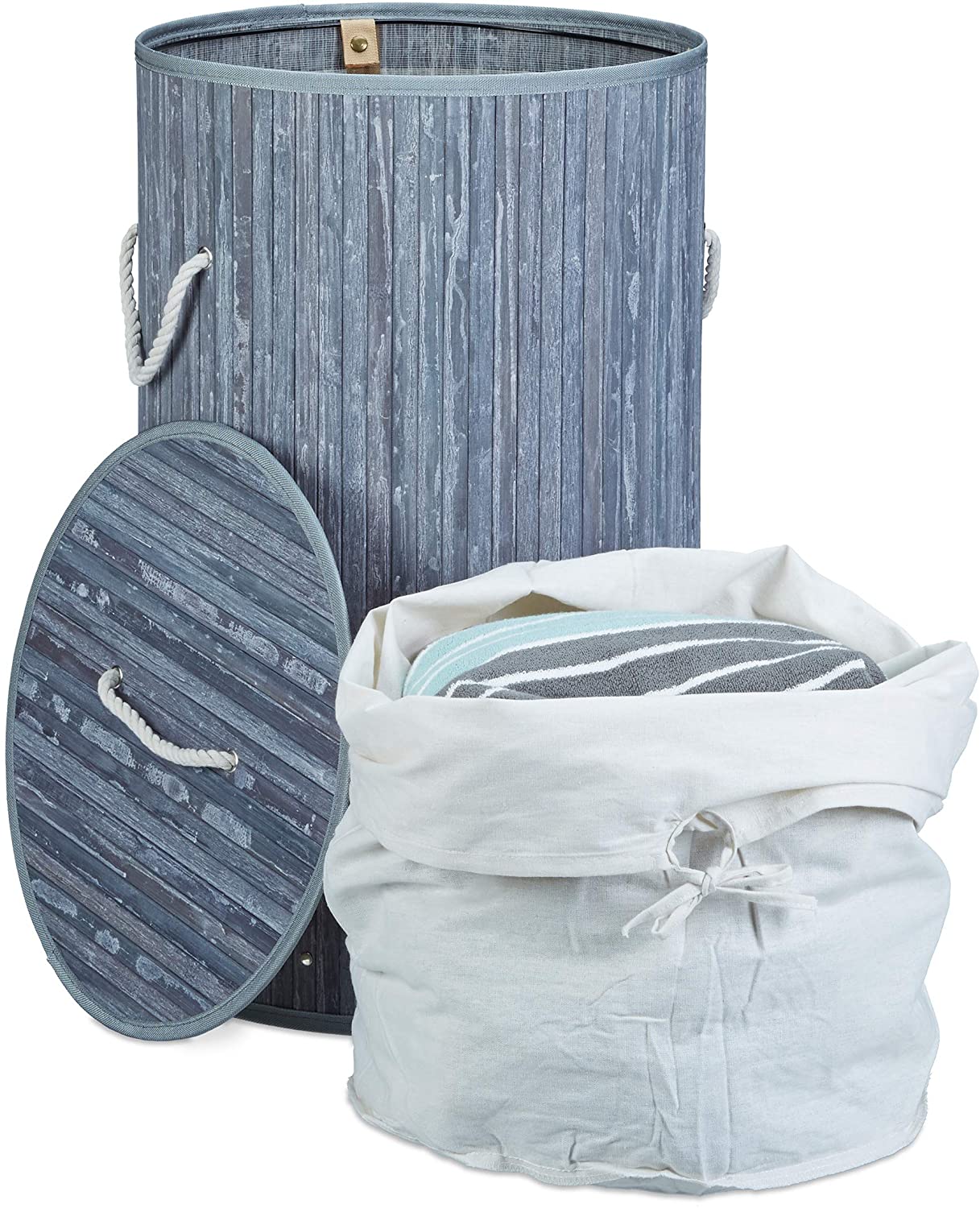 Relaxdays Πτυσσόμενο Στρόγγυλο Καλάθι Απλύτων από Μπαμπού με Καπάκι - Grey / White - 4052025961886