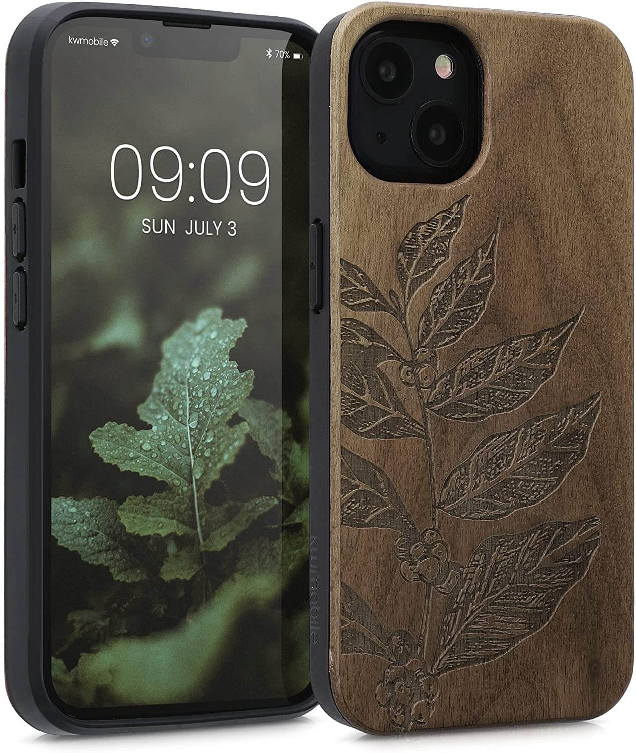 KW iPhone 13 Θήκη από Φυσικό Ξύλο Design Leaf Branch - Dark Brown - 55953.09