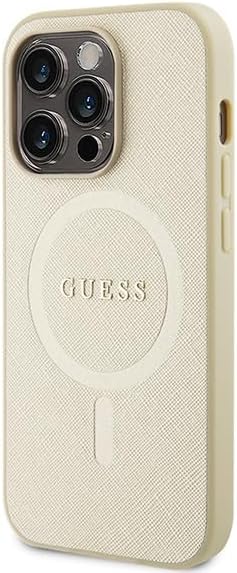 Guess iPhone 15 Pro Saffiano MagSafe Σκληρή Θήκη με Πλαίσιο Σιλικόνης και MagSafe - Gold - GUHMP15LPSAHMCB