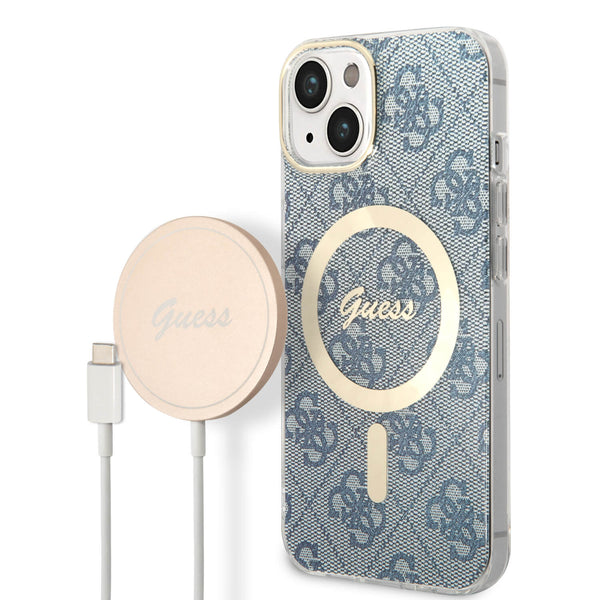Guess iPhone 15 / 14 / 13 - Bundle Pack - Σετ Σκληρή Θήκη με Πλαίσιο Σιλικόνης και Ασύρματος Φορτιστής MagSafe - Design 4G Print MagSafe - Blue - GUBPP14SH4EACSB