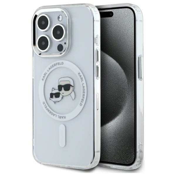 Karl Lagerfeld iPhone 15 Pro Max - IML Metal Karl and Choupette Head - Σκληρή Θήκη με Πλαίσιο Σιλικόνης και MagSafe - White - KLHMP15XHLSKCH
