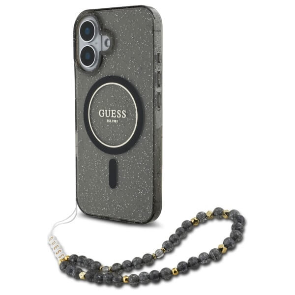 Guess iPhone 16 - IML Glitter With Pearl Strap MagSafe - Σκληρή Θήκη με Πλαίσιο Σιλικόνης και Λουράκι - Black - GUHMP16SHGCRELSK