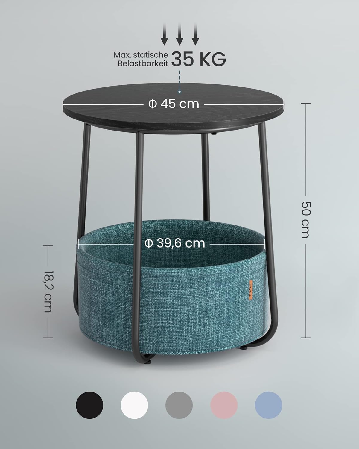 Vasagle Στρόγγυλο Βοηθητικό Τραπέζι με Υφασμάτινο Καλάθι Αποθήκευσης - Black Wood / Dark Turquoise - LET223B56