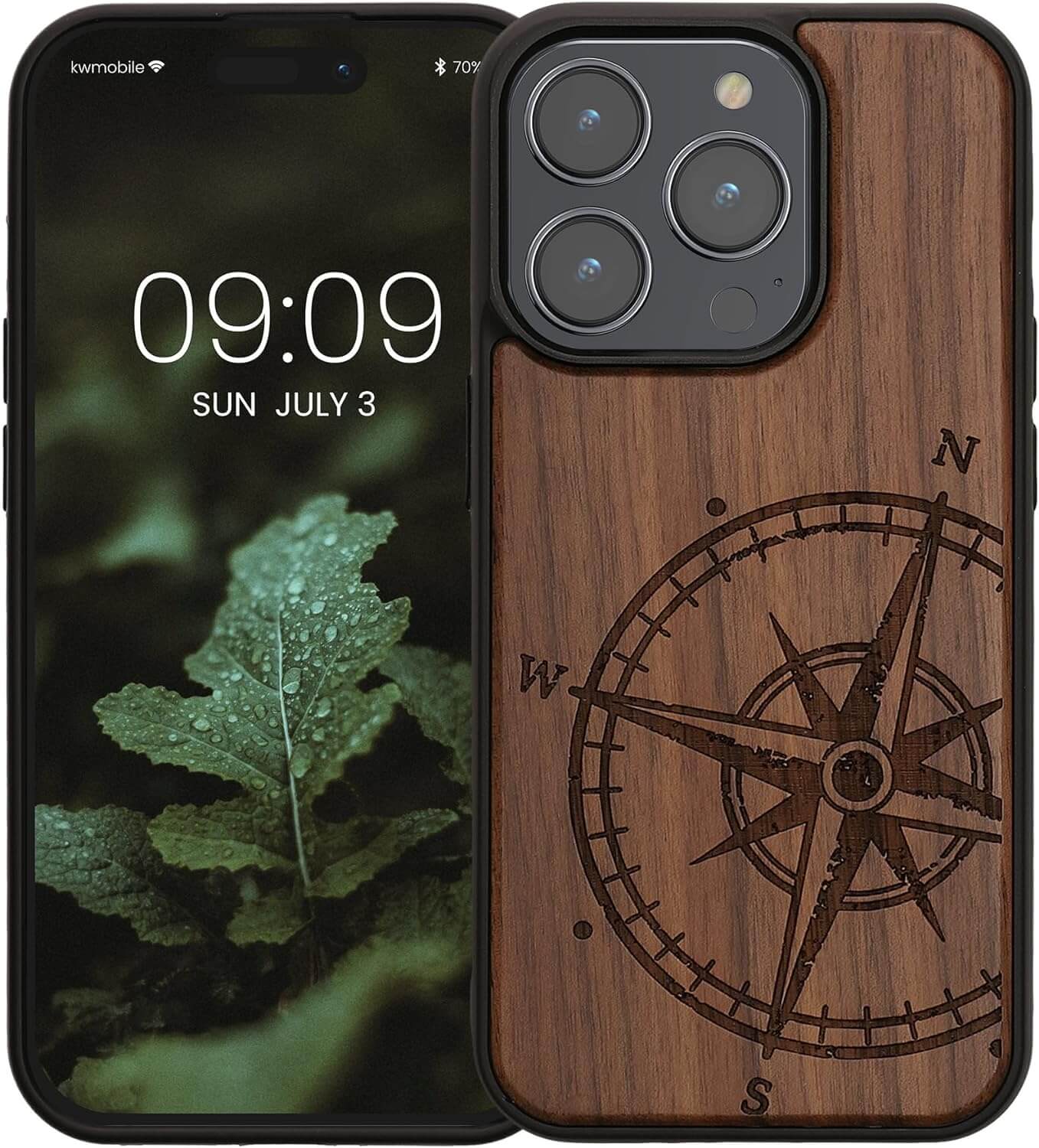 KW iPhone 15 Pro Θήκη από Φυσικό Ξύλο - Design Vintage Compass - Dark Brown - 62013.01