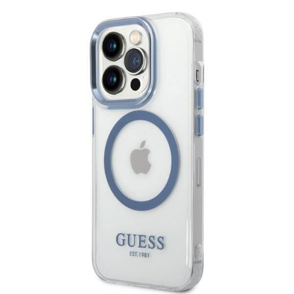 Guess iPhone 14 Pro Max Metal Outline MagSafe Σκληρή Θήκη με Πλαίσιο Σιλικόνης και MagSafe - Blue / Clear - GUHMP14XHTRMB