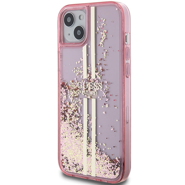 Guess iPhone 15 Plus Liquid Glitter Gold Stripes Σκληρή Θήκη με Πλαίσιο Σιλικόνης - Pink - GUHCP15MLFCSEGP