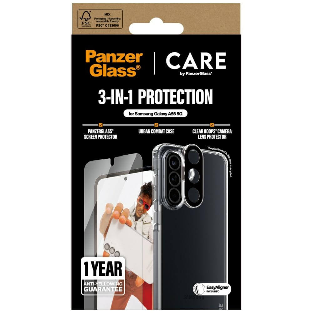 Care by PanzerGlass Samsung Galaxy A56 5G - Flagship 3in1 Σετ με 1 Αντιχαρακτικό Γυαλί Οθόνης, 1 Αντιχαρακτικό Γυαλί για την Κάμερα και 1 Σκληρή Θήκη - Clear