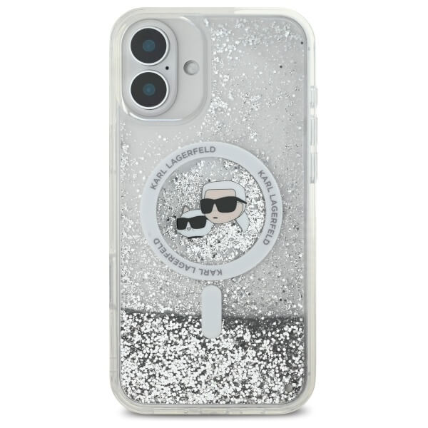 Karl Lagerfeld iPhone 16 - Liquid Glitter Karl and Choupette Head MagSafe Σκληρή Θήκη με Πλαίσιο Σιλικόνης - Διάφανη - KLHMP16SLGKCSGH
