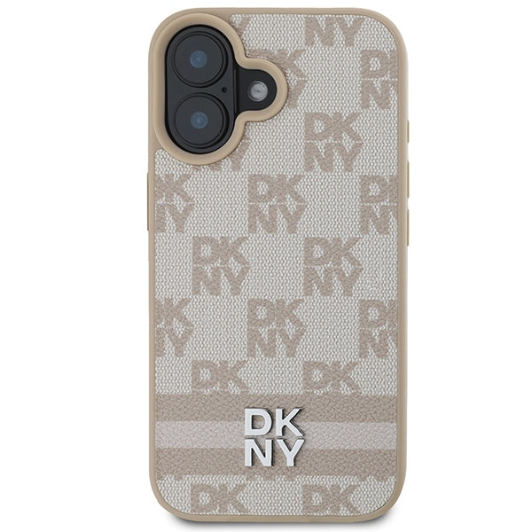DKNY iPhone 16 - Checkered Pattern and Printed Stripes - Σκληρή Θήκη με Επένδυση Συνθετικού Δέρματος - Pink