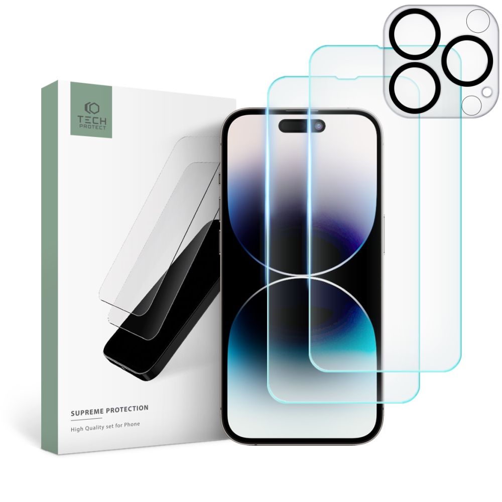 Tech-Protect iPhone 14 Pro Supreme Set - Σετ με 2 Tempered Glass Αντιχαρακτικά Γυαλιά Οθόνης και 1 Αντιχαρακτικό Γυαλί για την Κάμερα - Διάφανα