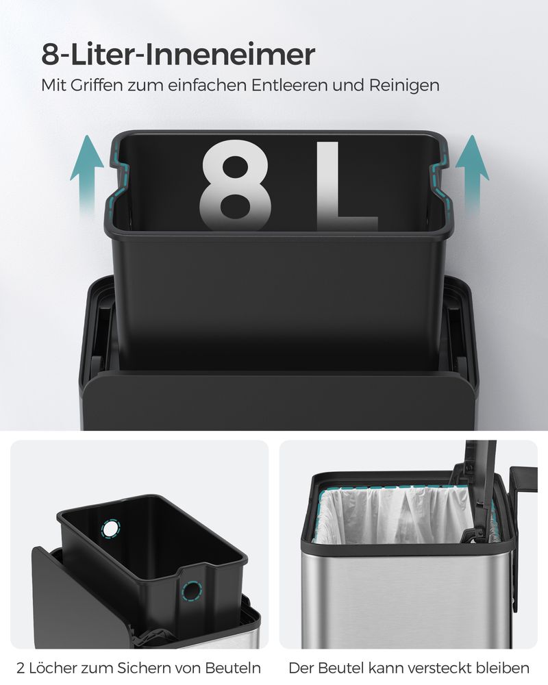 Songmics Κρεμαστός Κάδος Απορριμμάτων για Ντουλάπι από Ατσάλι και Πλαστικό Καπάκι - 8L - Metallic Silver - LTB810E08