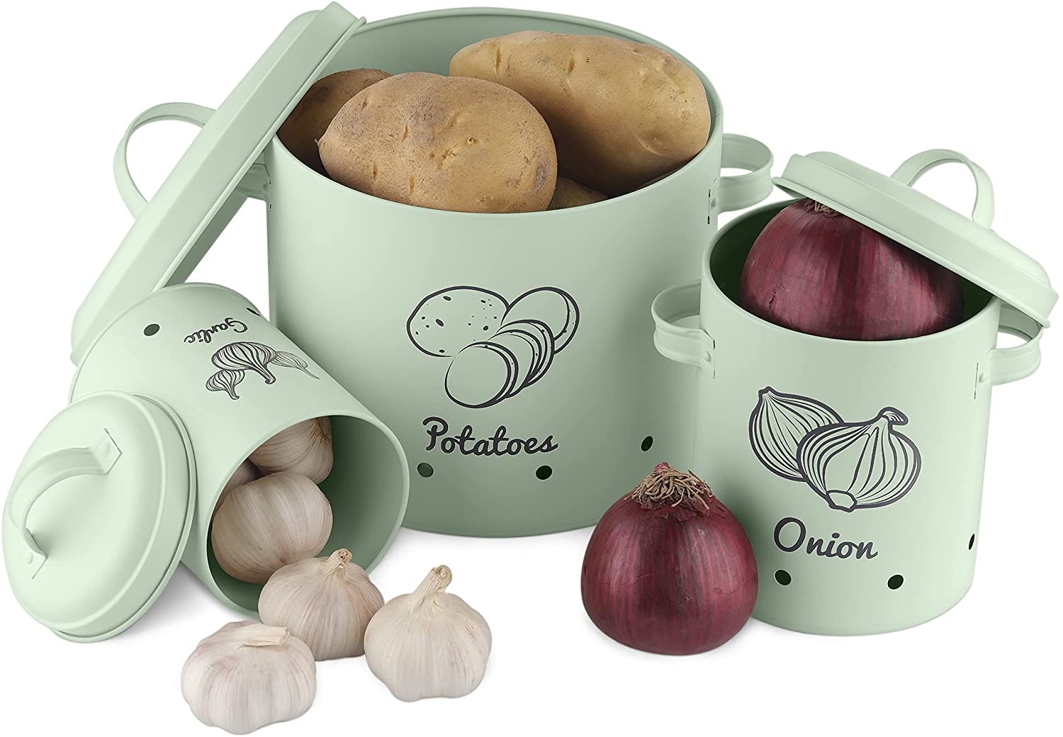 Navaris Σετ με 3 Σιδερένια Δοχεία Αποθήκευσης Λαχανικών - Mint Green - 51525.01.71