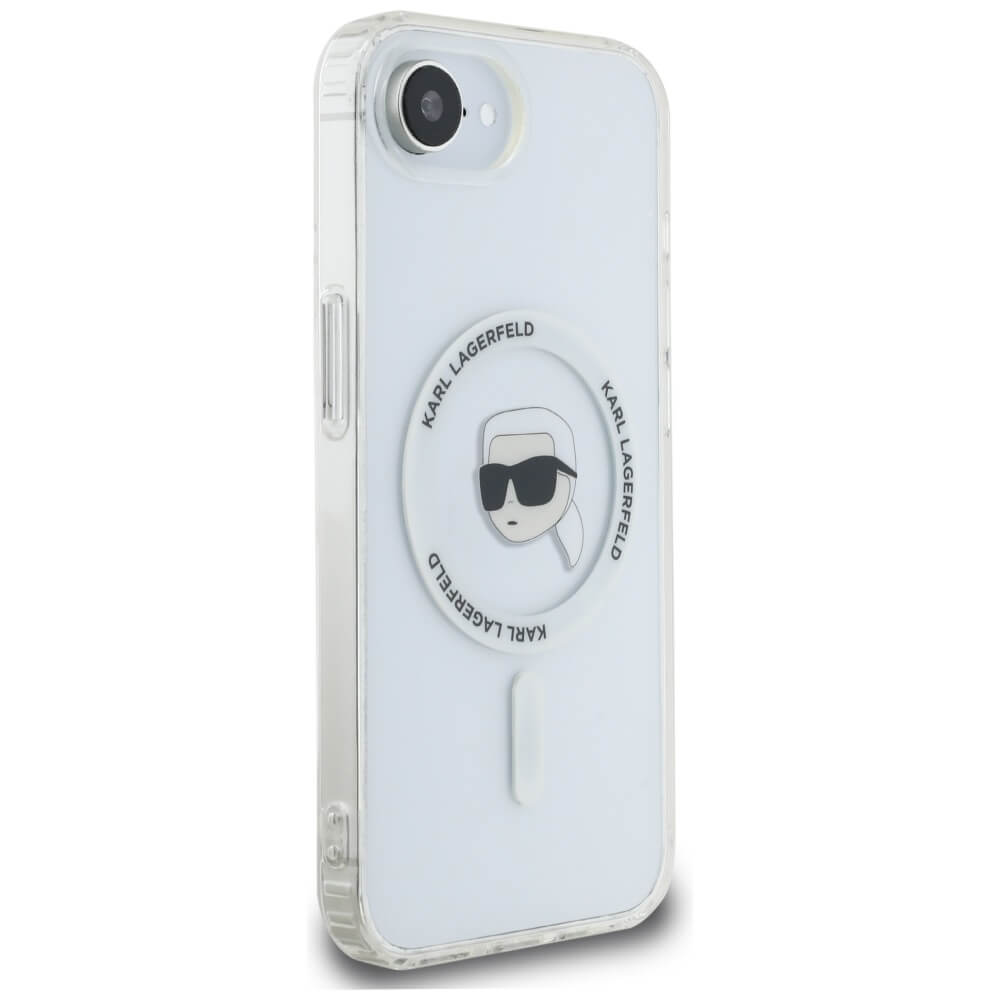 Karl Lagerfeld iPhone 16e - IML Metal Karl Head - MagSafe Σκληρή Θήκη με Πλαίσιο Σιλικόνης - White - KLHMPSE4HLSKIH