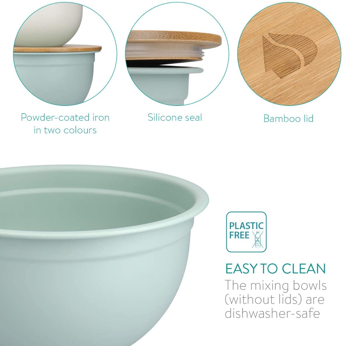 Navaris Metal Mixing Bowls with Wooden Lids Σετ με 2 Μεταλλικά Δοχεία Φαγητού με Καπάκι από Μπαμπού - Grey / Mint Green - 49209.02.22