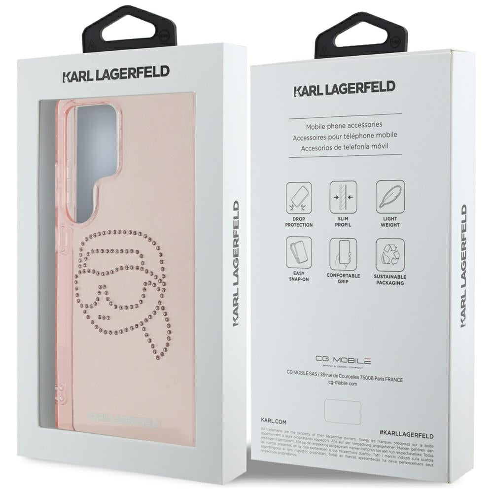 Karl Lagerfeld Samsung Galaxy S25 Ultra - Rhinestones Karl Head Logo - Σκληρή Θήκη με Πλαίσιο Σιλικόνης - Pink - KLHCS25LHKHDCELP