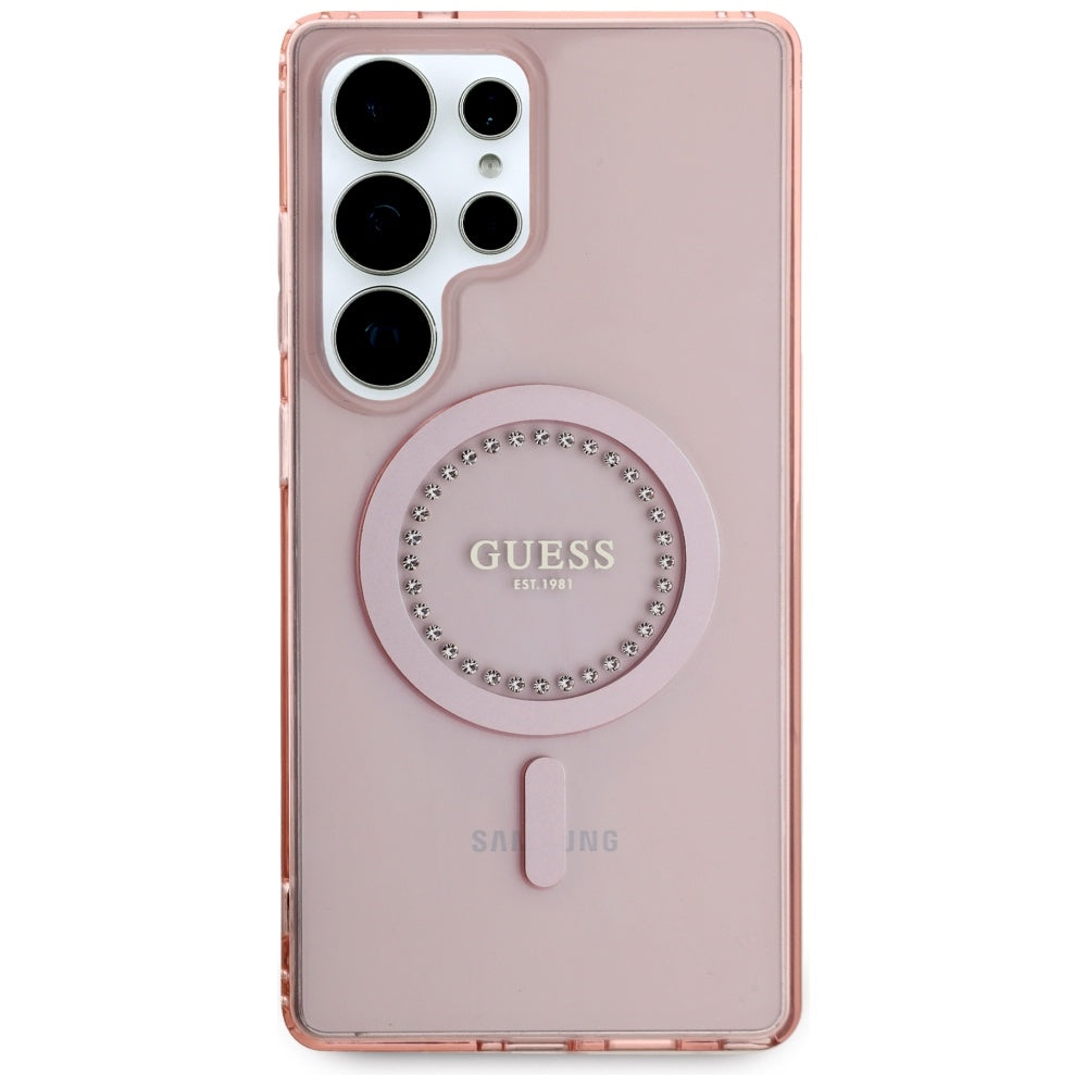 Guess Samsung Galaxy S25 Ultra - Rhinestones Printed Classic Logo - MagSafe Σκληρή Θήκη με Πλαίσιο Σιλικόνης - Pink - GUHMS25LPFTDTEP