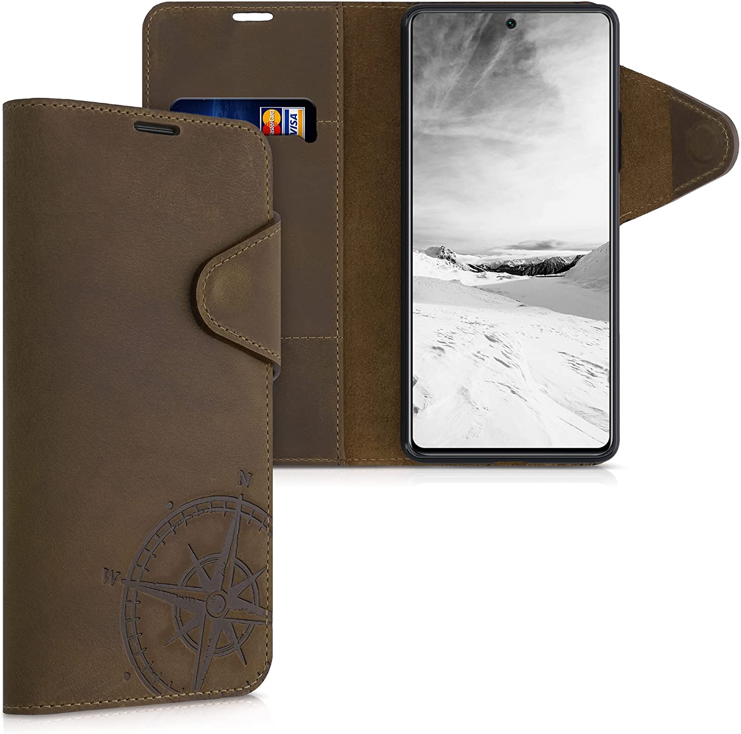Kalibri Xiaomi 11T / 11T Pro Θήκη Πορτοφόλι Stand από Γνήσιο Δέρμα - Design Navigational Compass - Brown - 56315.01