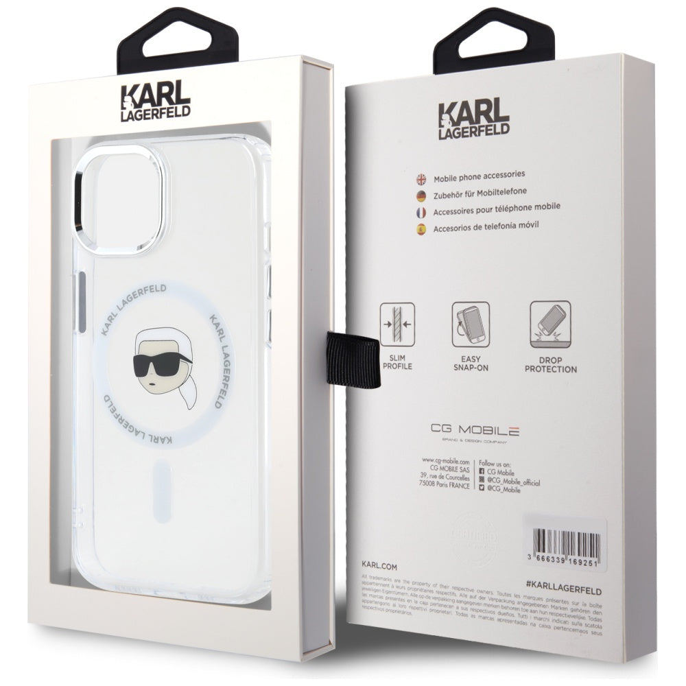 Karl Lagerfeld iPhone 15 - IML Metal Karl Head - MagSafe Σκληρή Θήκη με Πλαίσιο Σιλικόνης - White - KLHMP15SHLSKIH