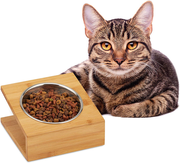 Relaxdays Μπολ από Ανοξείδωτο Ατσάλι με Βάση από Μπαμπού για Κατοικίδια - 300 ml - Natural - 4052025916138 - likebrands.gr