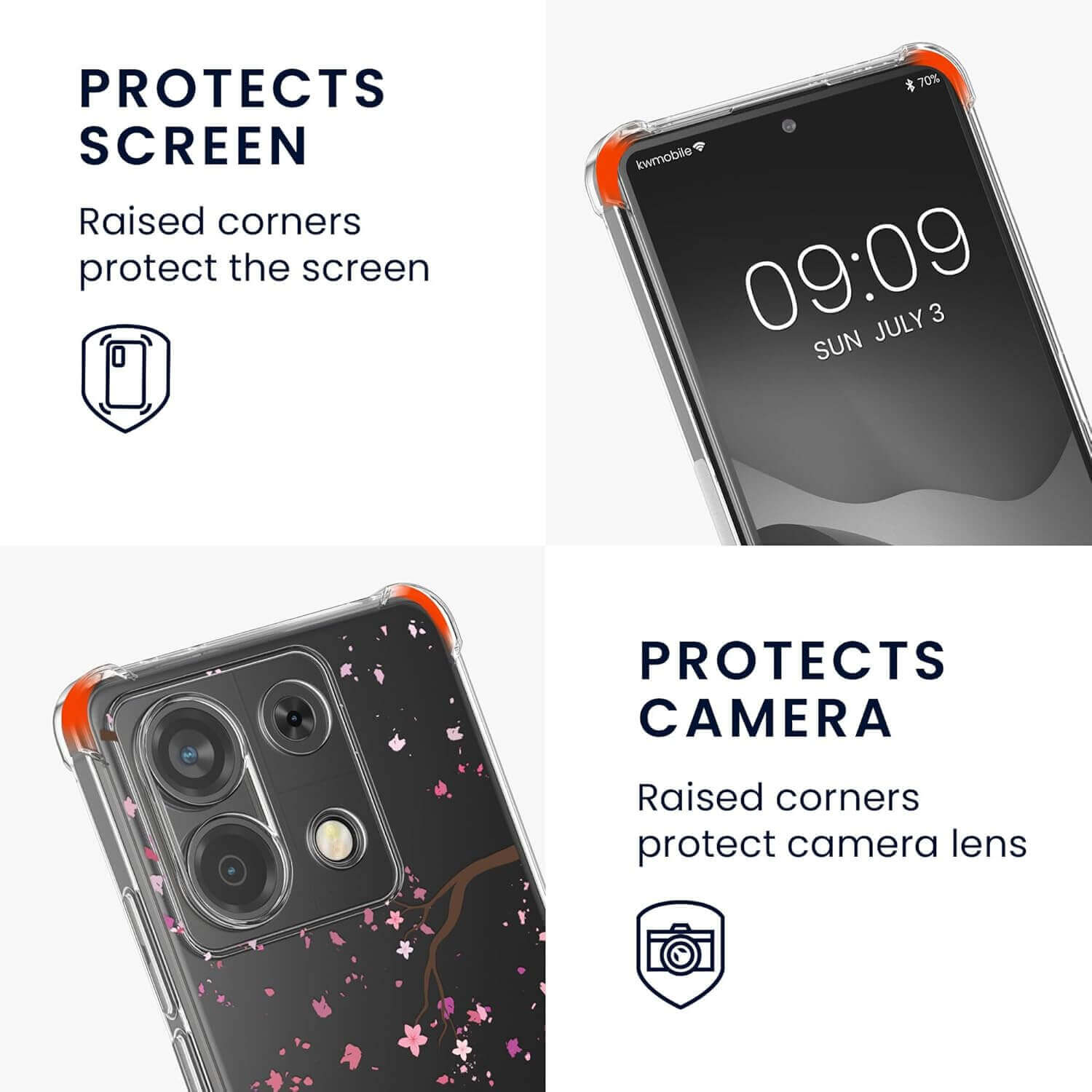 KW Xiaomi Redmi Note 13 Pro 5G / Poco X6 5G Θήκη Σιλικόνης TPU με Λουράκι - Design Cherry Blossom Leaves - Pink / Dark Brown / Διάφανη