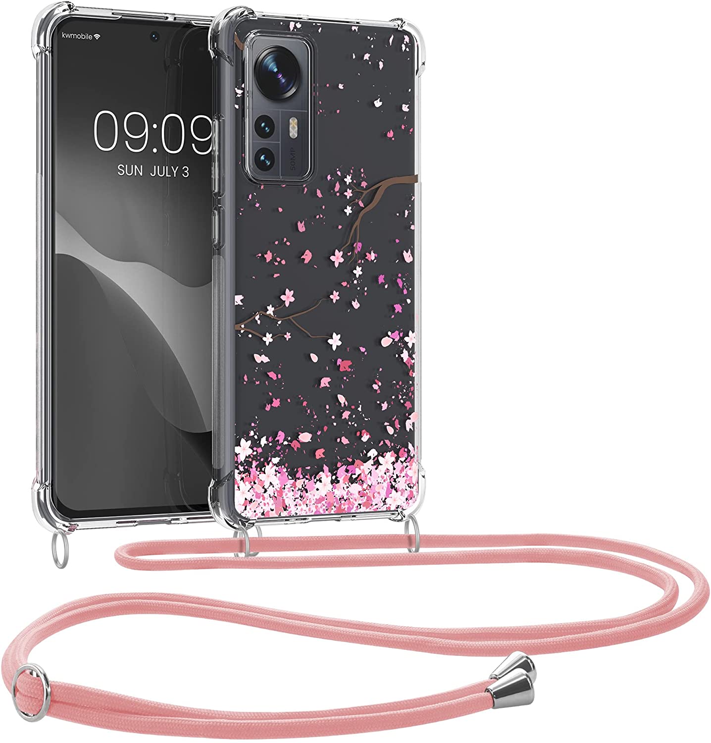 KW Xiaomi 12 / 12X Θήκη Σιλικόνης TPU με Λουράκι Design Cherry Blossoms - Pink / Dark Brown / Διάφανη - 58199.01
