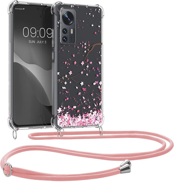 KW Xiaomi 12 / 12X Θήκη Σιλικόνης TPU με Λουράκι Design Cherry Blossoms - Pink / Dark Brown / Διάφανη - 58199.01