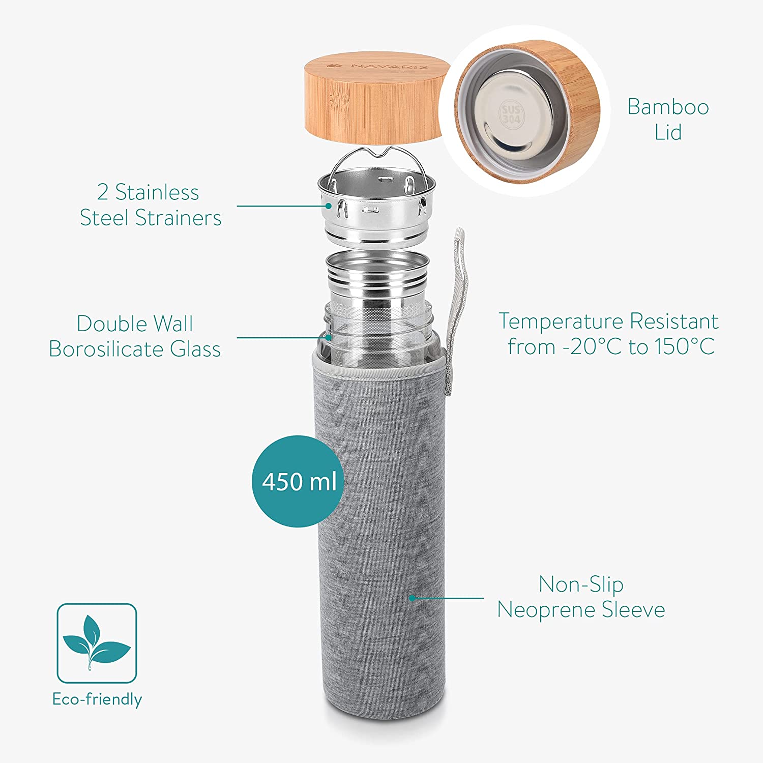 Navaris Γυάλινο Μπουκάλι Τσαγιού με Θήκη μεταφοράς - 450ml - Design Flower of Life - Clear - 45888.1.07