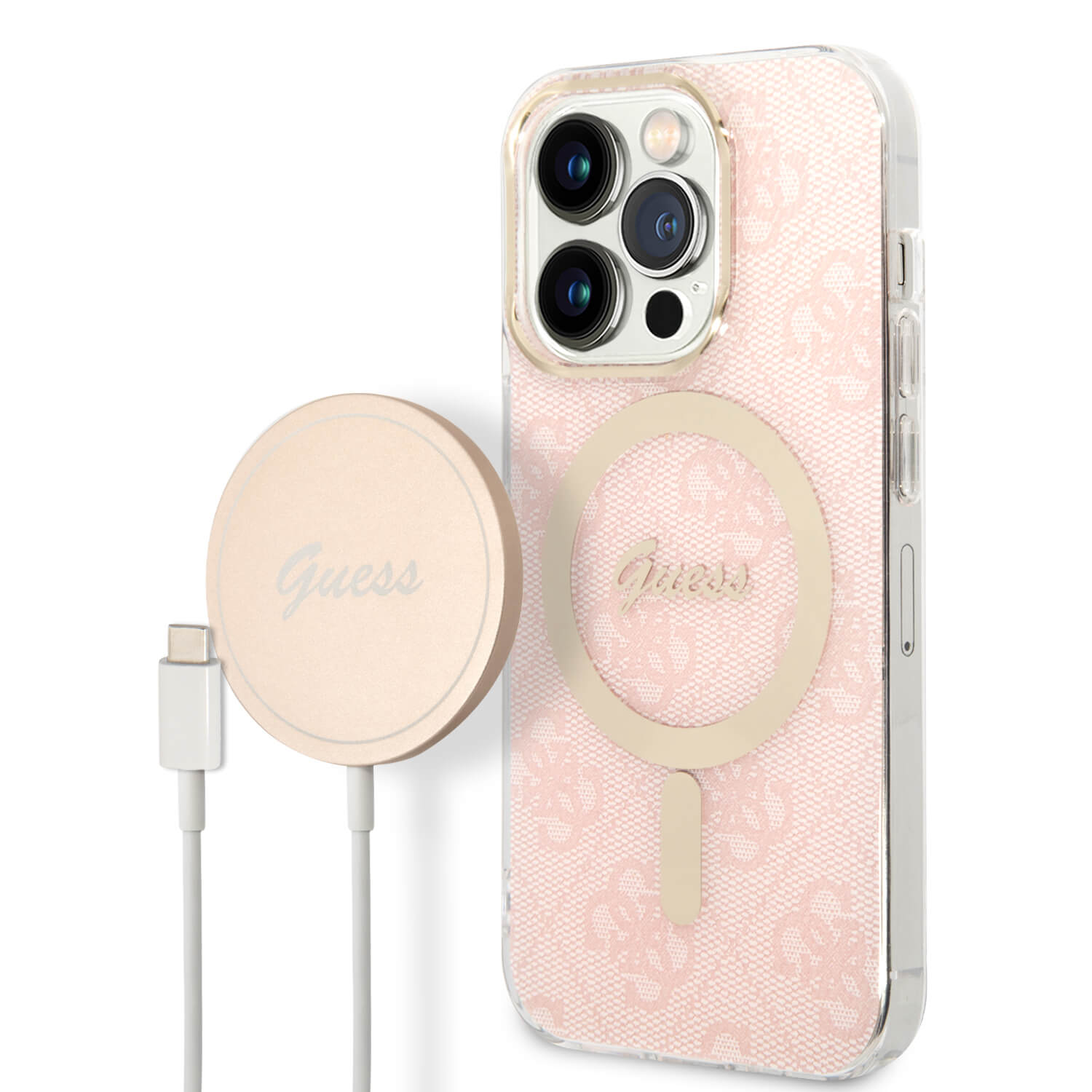 Guess iPhone 14 Pro - Bundle Pack MagSafe - Σετ Σκληρή Θήκη με Πλαίσιο Σιλικόνης και Ασύρματος Φορτιστής MagSafe - Design 4G and Gold - Pink - GUBPP14LH4EACSP