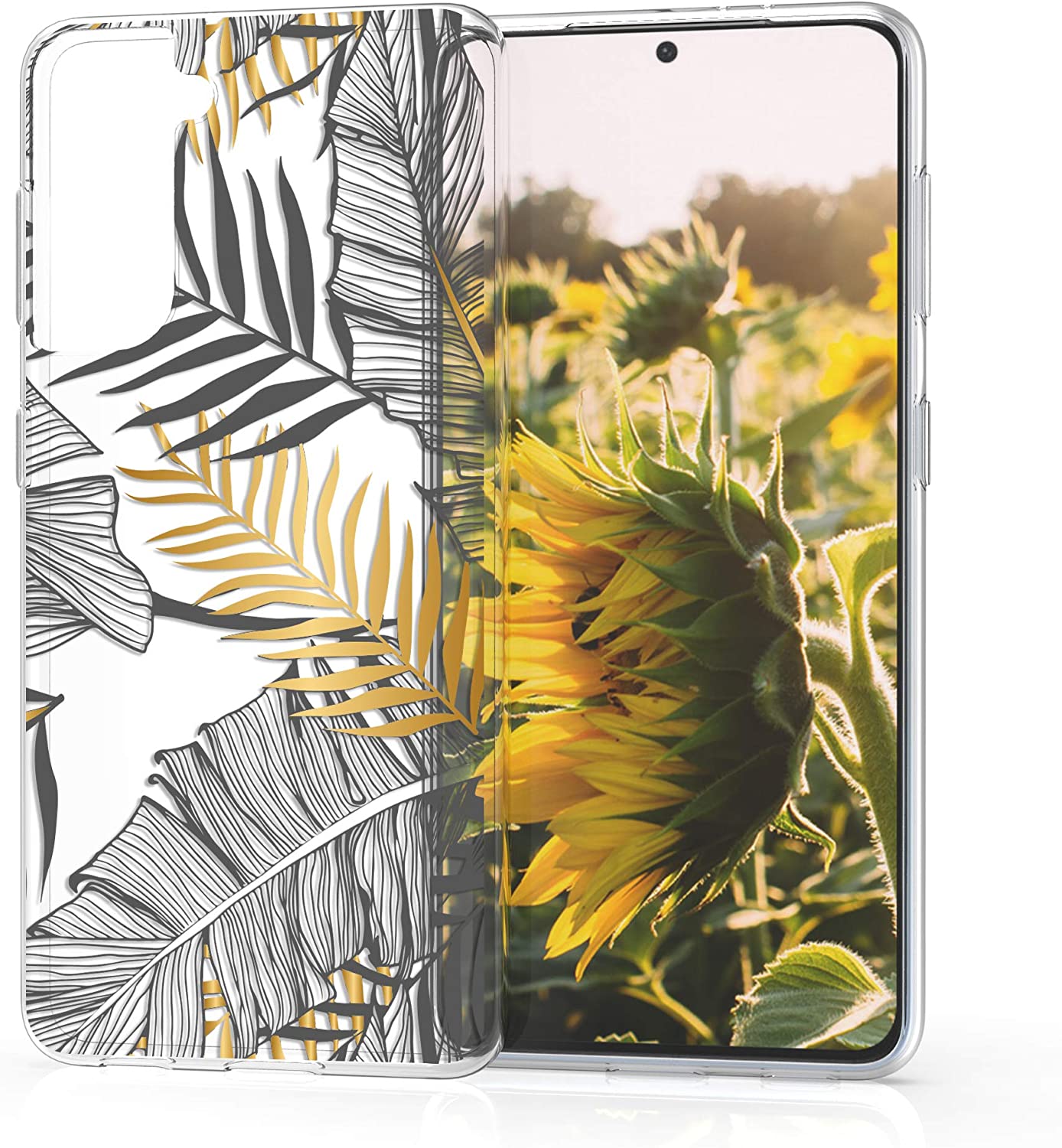 KW Samsung Galaxy S21 Θήκη Σιλικόνης TPU Design Palm Leaves - Gold / Grey - Διάφανη - 54061.01