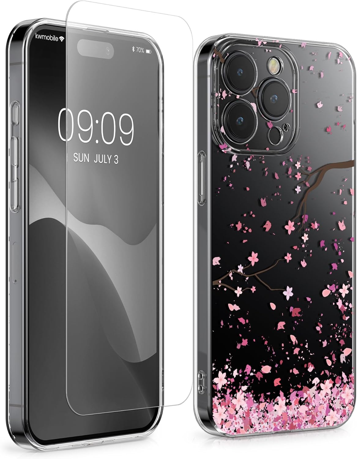 KW iPhone 15 Pro Θήκη Σιλικόνης TPU με Αντιχαρακτικό Γυαλί - Design Cherry Blossom Petals - Pink / Dark Brown / Διάφανη