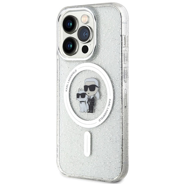 Karl Lagerfeld iPhone 15 Pro - Karl and Choupette Glitter Magsafe Σκληρή Θήκη με Πλαίσιο Σιλικόνης και MagSafe - Διάφανη - KLHMP15LHGKCNOT