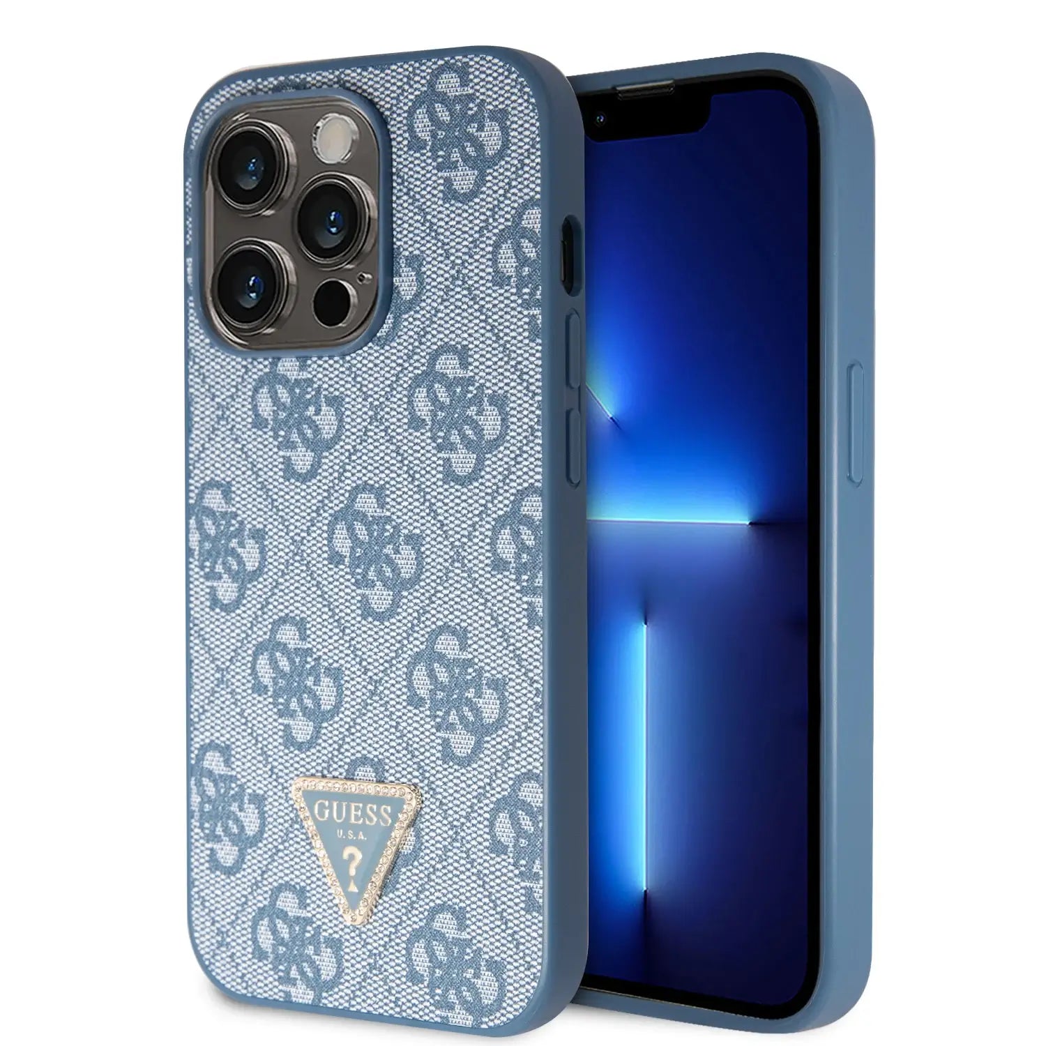 Guess iPhone 15 Pro Leather 4G Diamond Triangle Θήκη με Επένδυση Συνθετικού Δέρματος - Blue - GUHCP15LP4TDPB