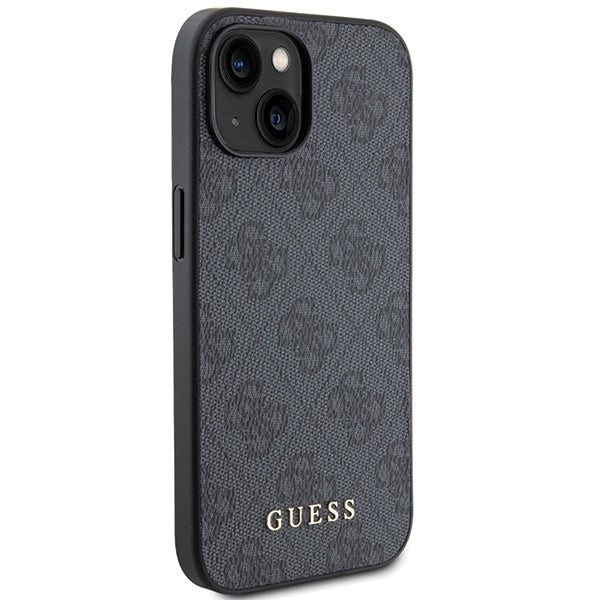 Guess iPhone 15 - 4G Metal Gold Logo Σκληρή Θήκη με Επένδυση Συνθετικού Δέρματος - Grey - GUHCP15SG4GFGR