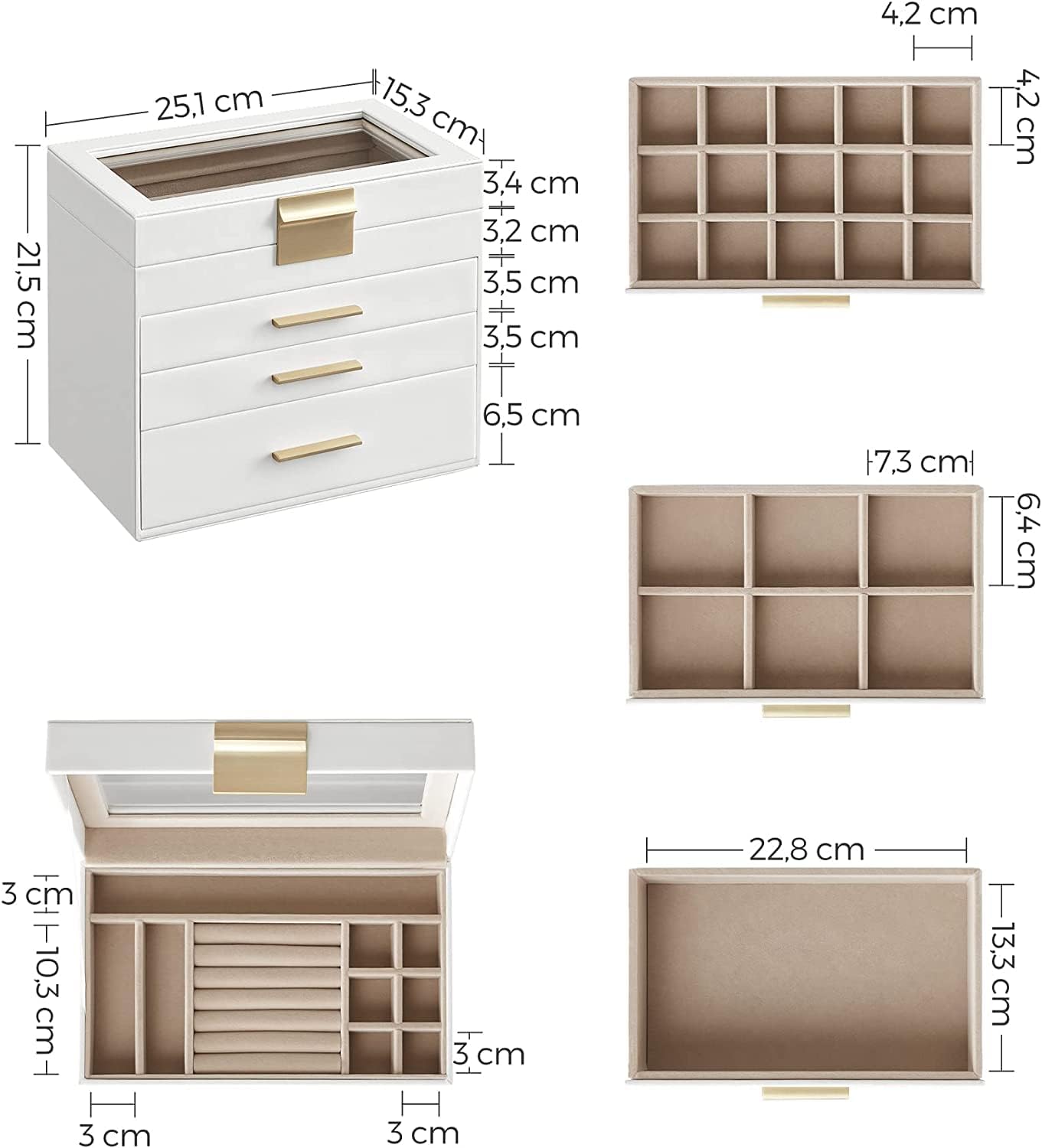 Songmics Φορητό Κουτί Αποθήκευσης Κοσμημάτων με Γυάλινο Καπάκι - Cloud White - JBC161W01