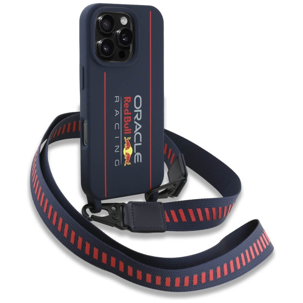 Red Bull iPhone 16 Pro - Silicone Strap and Vertical Logo - MagSafe Σκληρή Θήκη με Πλαίσιο Σιλικόνης και Λουράκι - Navy Blue - RBHMP16L24SISOLRV