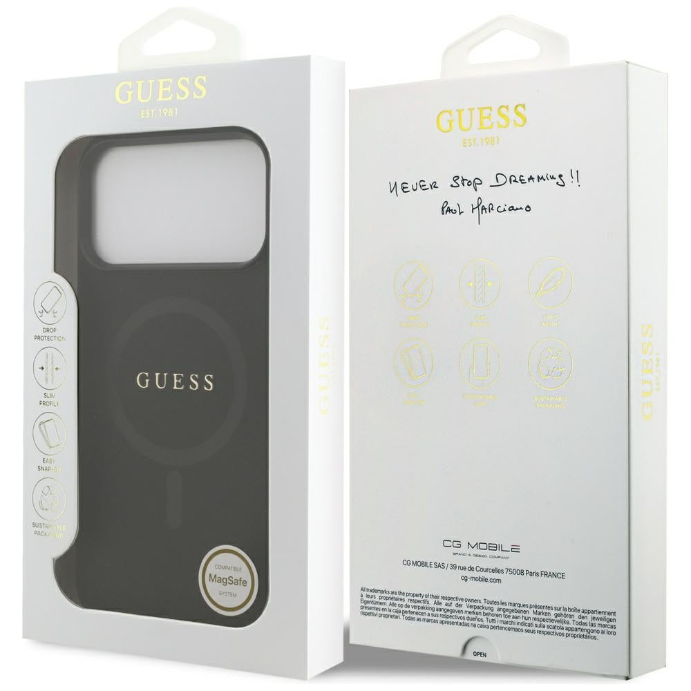 Guess iPhone 17 Pro Max - Saffiano Classic Logo MagSafe - Σκληρή Θήκη με Πλαίσιο Σιλικόνης και Επένδυση Οικολογικού Δέρματος - Black - GUHMP17XPSAHMCK