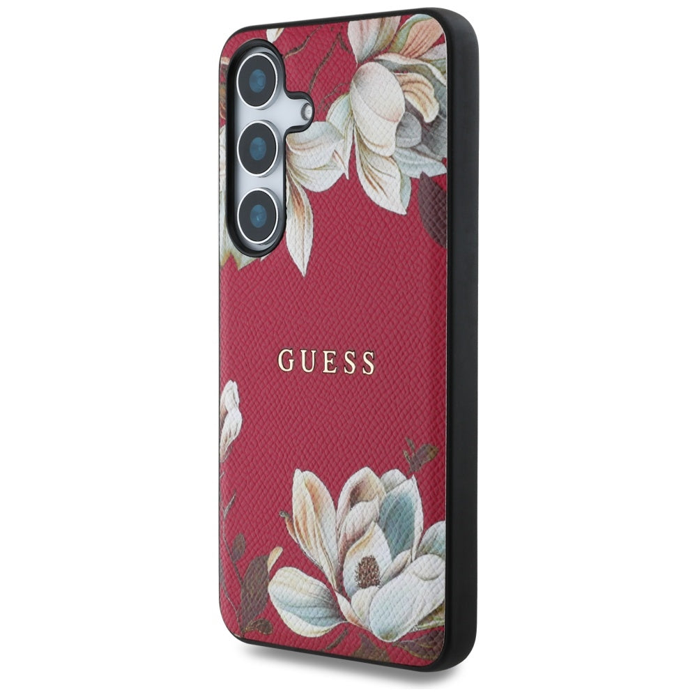 Guess Samsung Galaxy S25 - Grained Printed Flower Pattern - Θήκη με Επένδυση Συνθετικού Δέρματος και MagSafe - Fuchsia - GUHMS25SPGNMPLMF