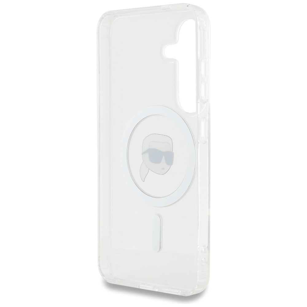 Karl Lagerfeld Samsung Galaxy S25 - Button Karl Head Printed Logo - MagSafe Σκληρή Θήκη με Πλαίσιο Σιλικόνης - White - KLHMS25SHLSKIH